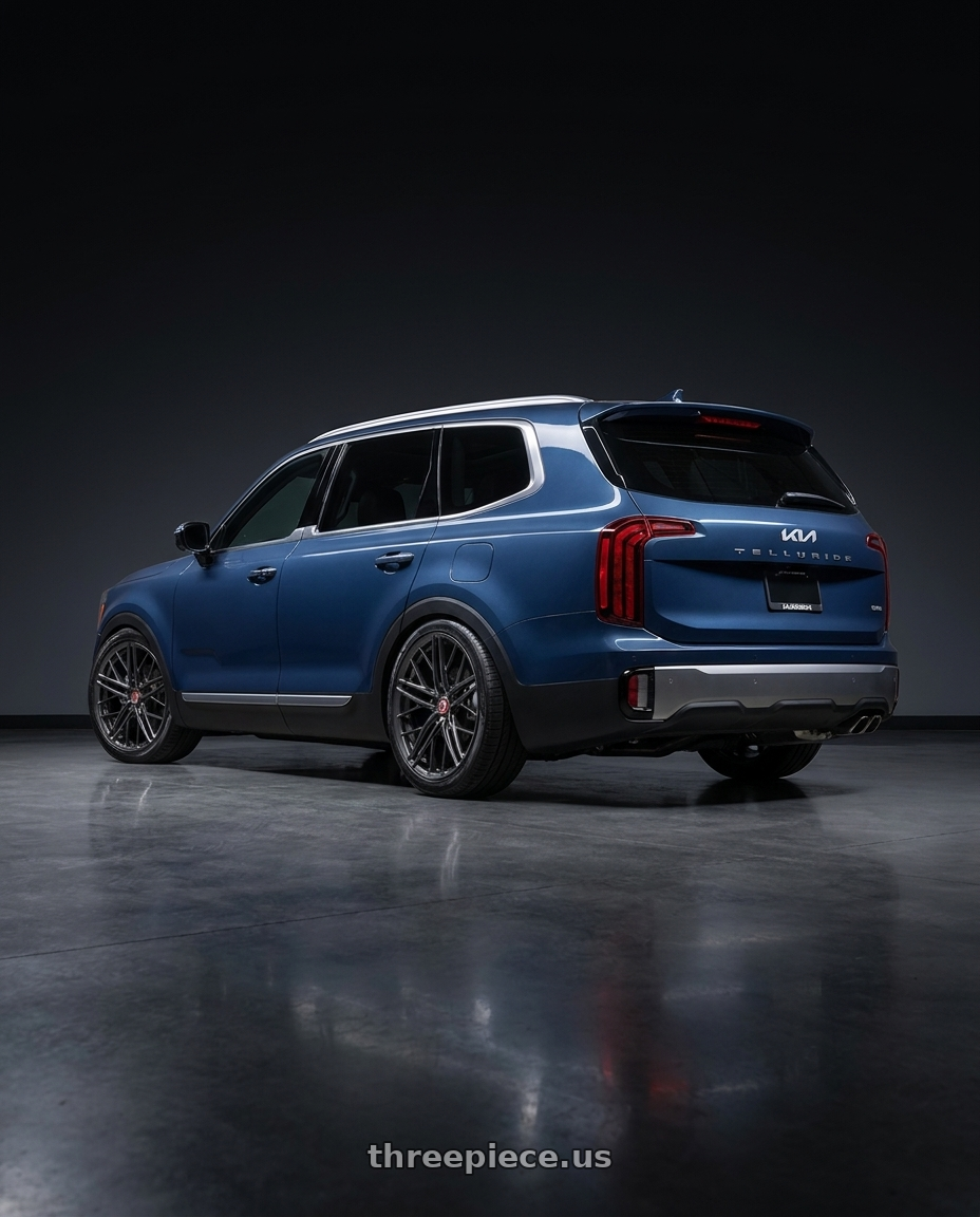 2025 Kia Telluride EX with Avant Garde Wheels F53R BLANK 20x11 +BLANK Dark Graphite Metallic wheels rear three quarter view slight stretch tires