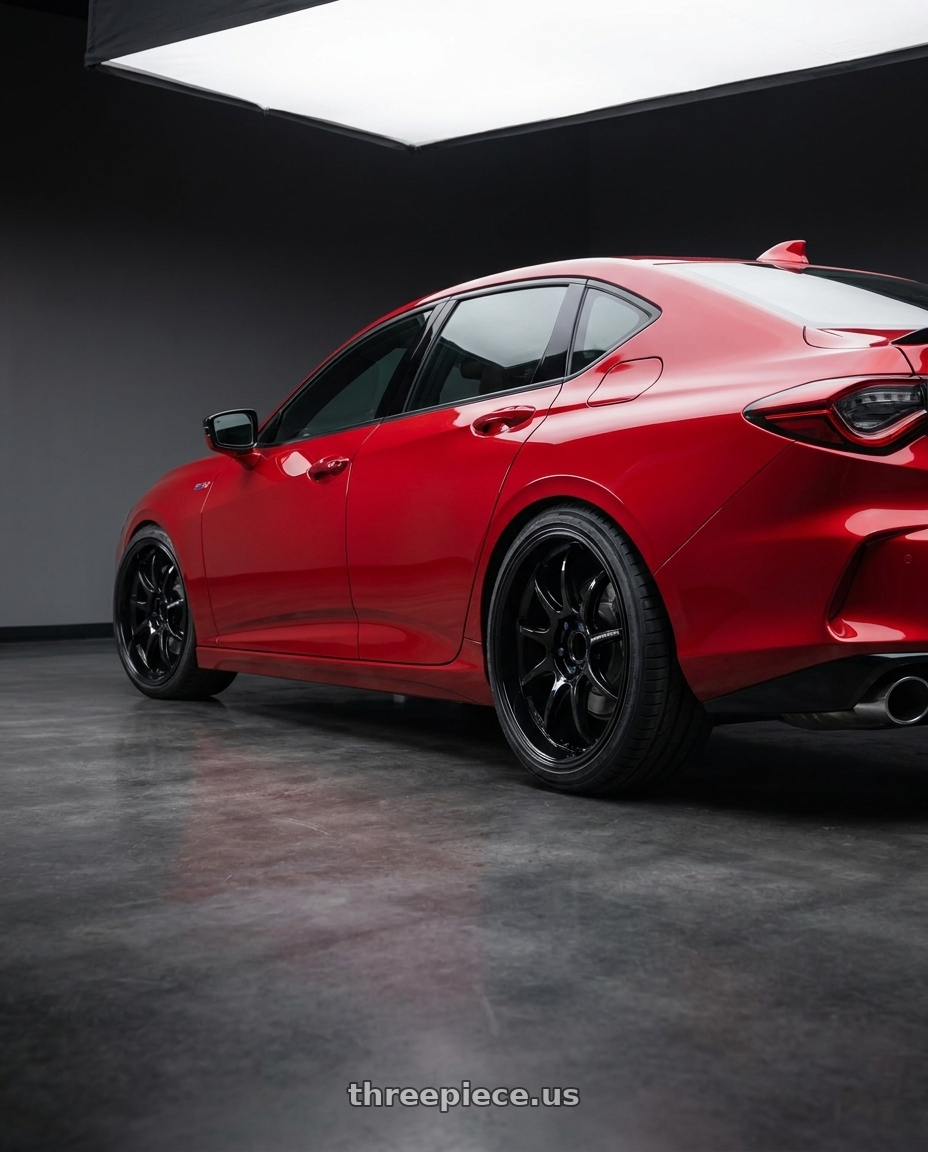 2021 Acura tlx with Work Emotion D9r 5x100 19x9.5 +38 Black wheels rear three quarter view slight stretch tires