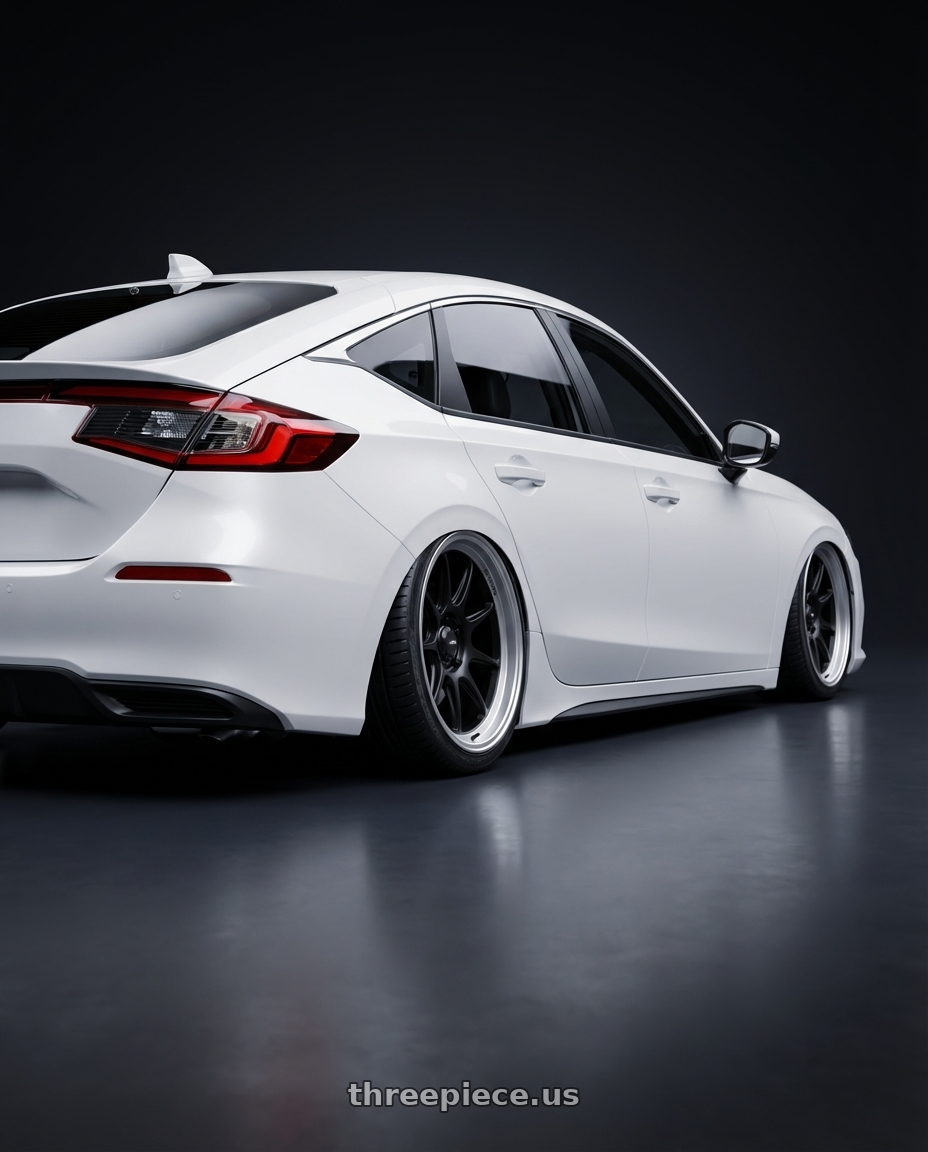 2024 Honda Civic with Konig Countergram 5x114.3 19x9.5+25 Matte Black / Matte Machined Lip wheels rear three quarter view slight stretch tires