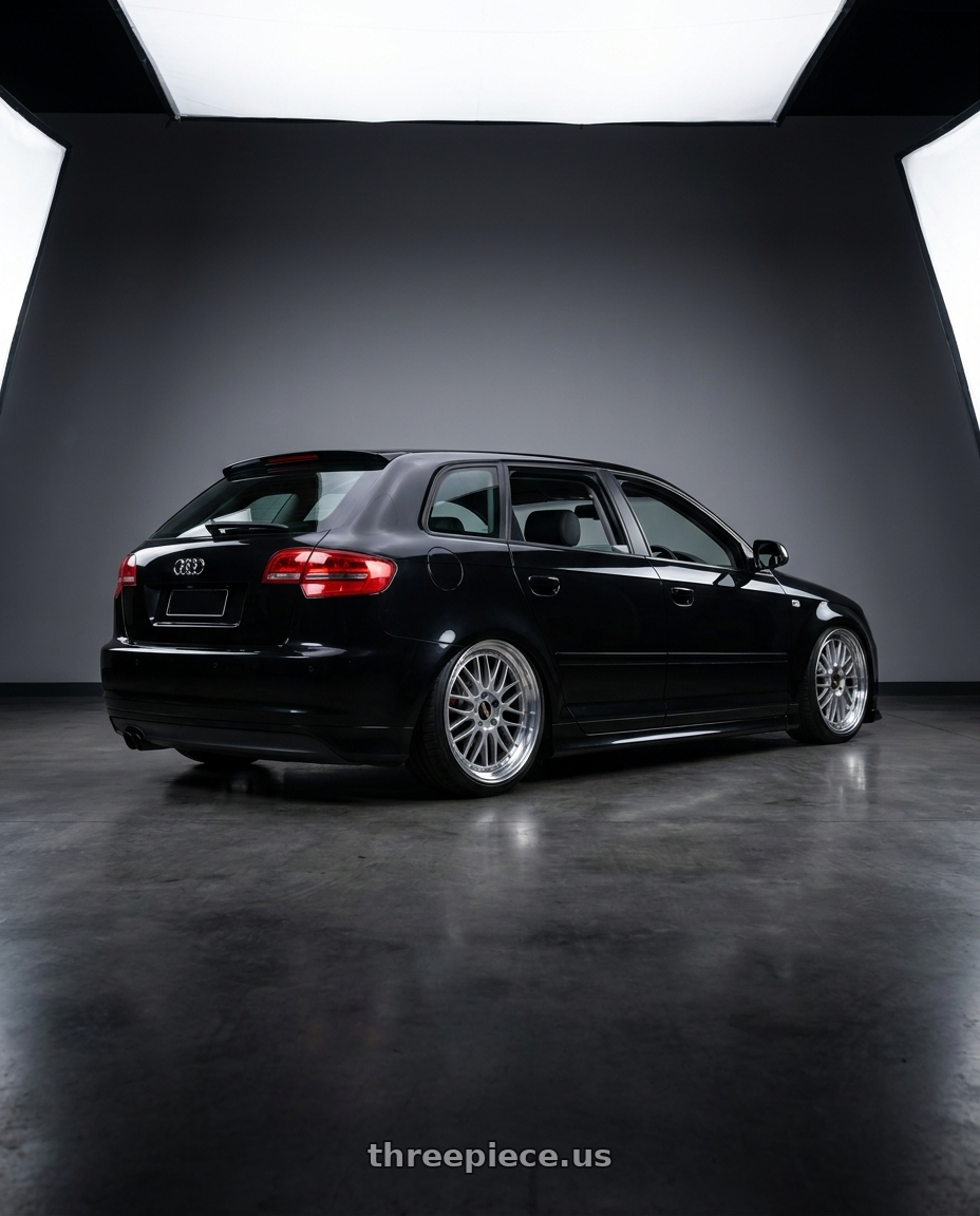 2006 a3 8p manual quattro with BBS LM 5x114.3 18x8.5+38 Diamond Silver wheels rear three quarter view square tires