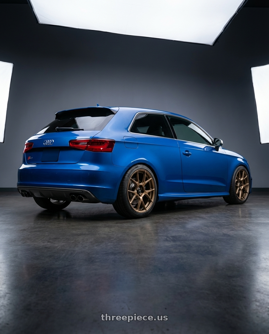 2019 Audi S3 8V with Konig Ampliform 5x112 18x8.5+43 Gloss Bronze wheels rear three quarter view square tires