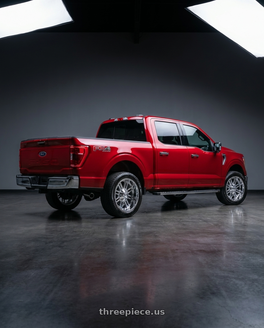 2025 ford f150 XLT supercrew with FULL THROTTLE FT8033 6x135/6x139.7 20x10-24 CHROME wheels rear three quarter view square tires