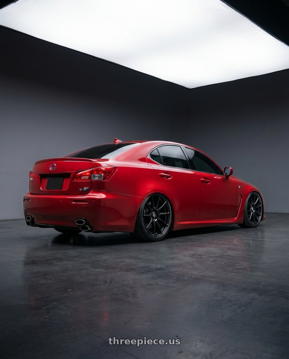 2012 Lexus IS-F with Forgestar CF10 5x114.3 19x9.5 +29 Gloss Black wheels rear three quarter view slight stretch tires
