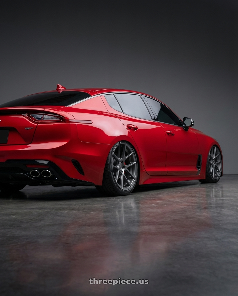 2022 Kia Stinger GT with Avant Garde Wheels M510 5X114.3 19x9.5 +40 Dolphin Grey wheels rear three quarter view slight stretch tires