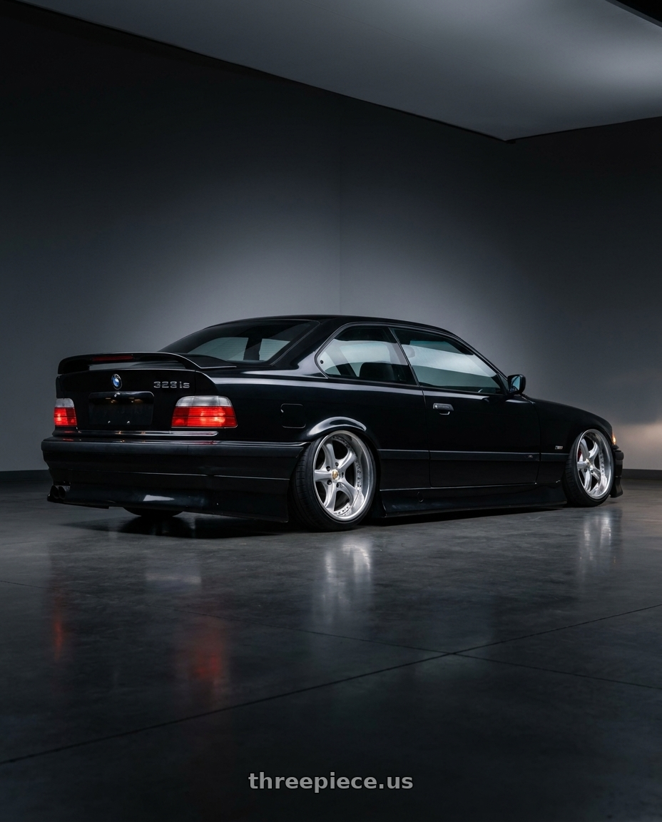 1998 bmw 328is blakc with Work Wheels VS-KF 5x120 18x10+40 Light Grey Silver A Disk FULL REVERSE wheels rear three quarter view slight stretch tires
