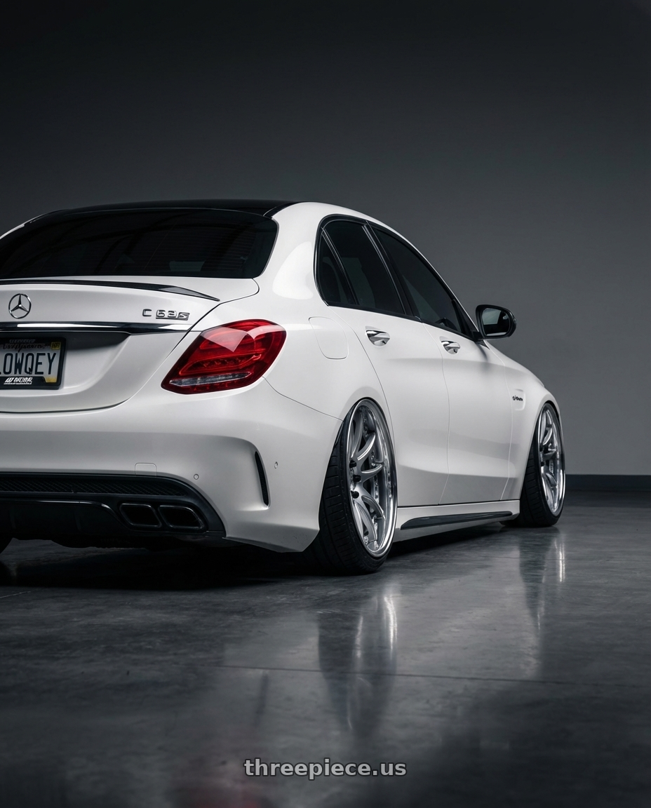 2017 Mercedes-Benz W205 C63S AMG with Work Emotion Cr 3P 5x100 18x9+39 R Disk Burning Silver wheels rear three quarter view extreme stretch tires