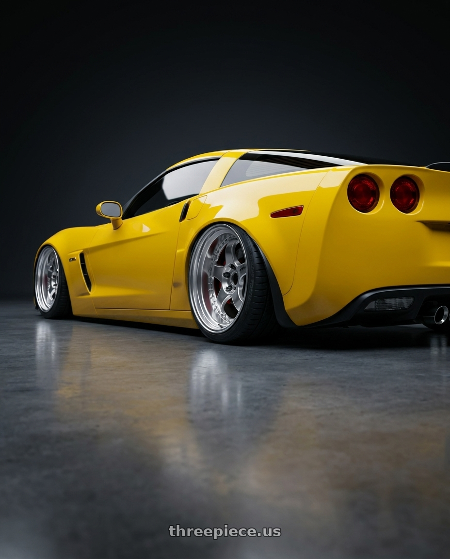 2006 Chevy corvette  with Work Meister S1 3P 5x120.65 19x10.5-21 T Disk Bright Buff Finish wheels rear three quarter view square tires