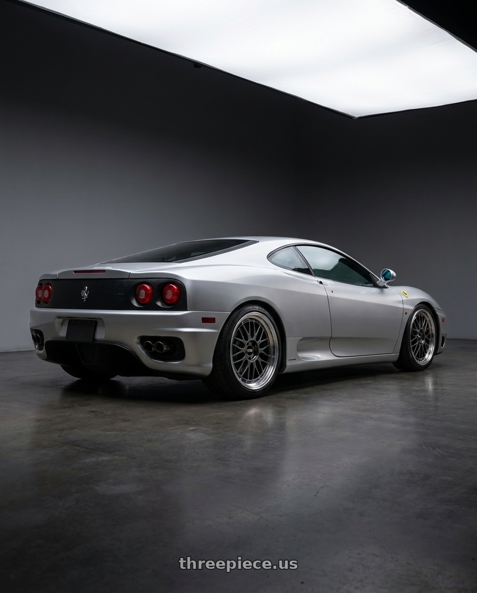 2000 Ferrari 360 with BBS LM 5x108 18x10.5 +35 Diamond Black wheels rear three quarter view slight stretch tires