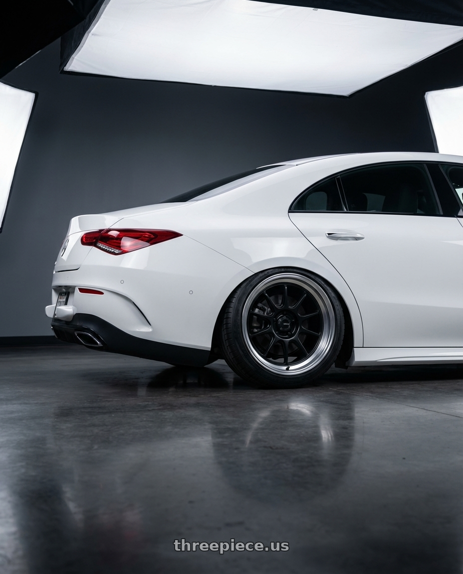 2023 Mercedes-Benz CLA C118 with Konig Countergram 5x112 19x11+40 Matte Black / Matte Machined Lip wheels rear three quarter view slight stretch tires