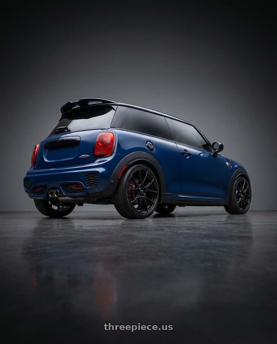 2019 Mini jcw with Enkei TS-V 5x112 18x8+45 Gloss Black wheels rear three quarter view square tires