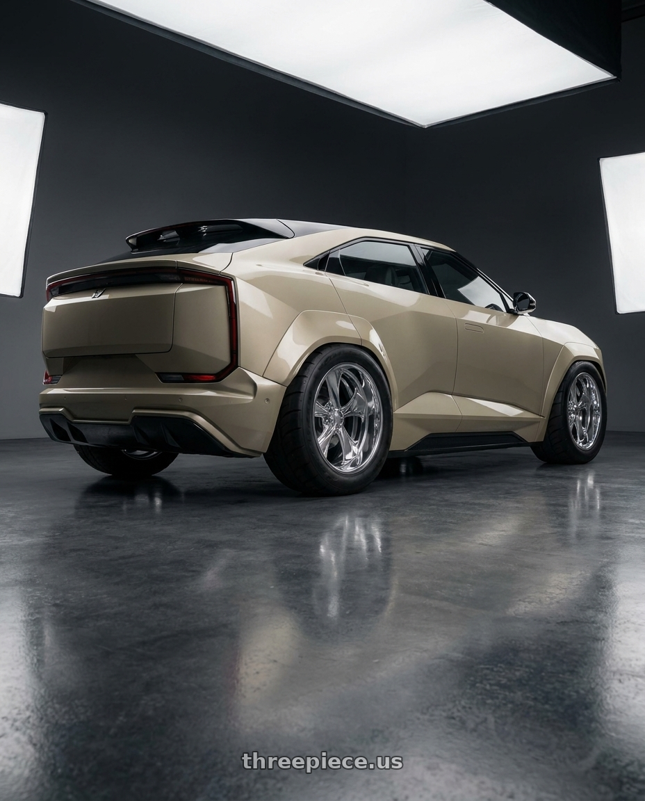2025 Mahindra BE6 desert mist with Foose 2PC F201 NITROUS 5X120.65 18X9 +6 HIGH LUSTER POLISHED wheels rear three quarter view meaty tires