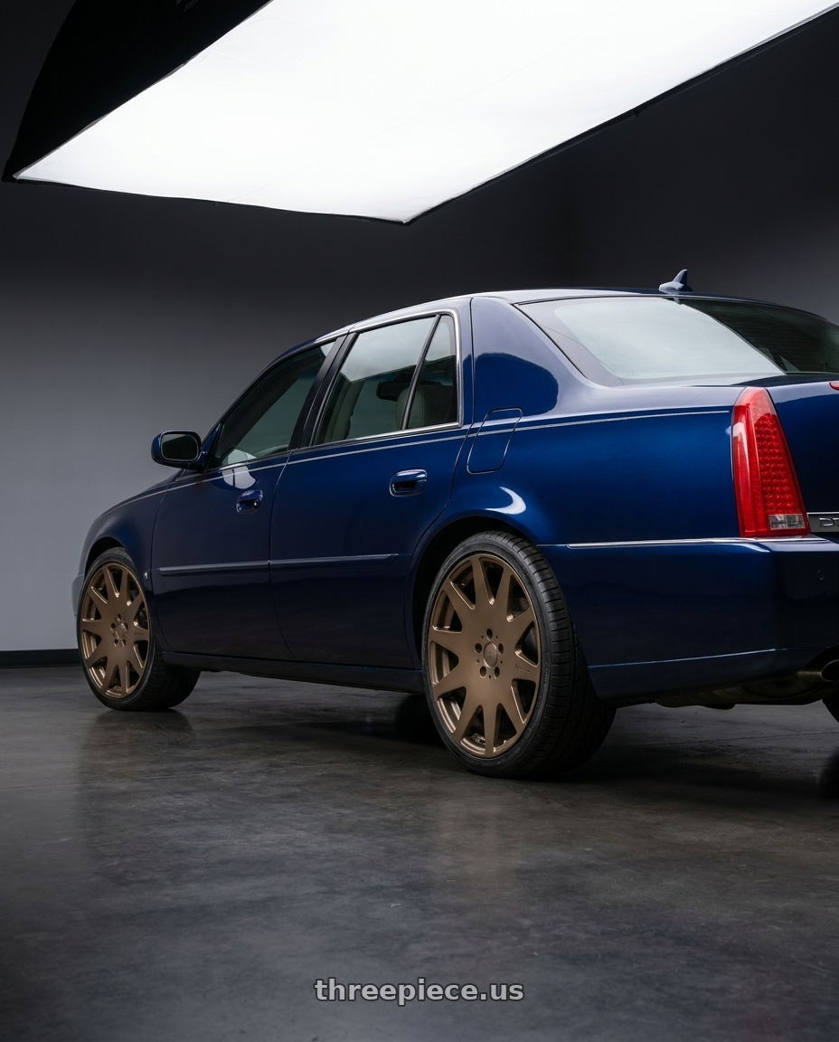 2009 Cadillac DTS with MRR HR3 5x108 22x9  +38 Bronze wheels rear three quarter view square tires