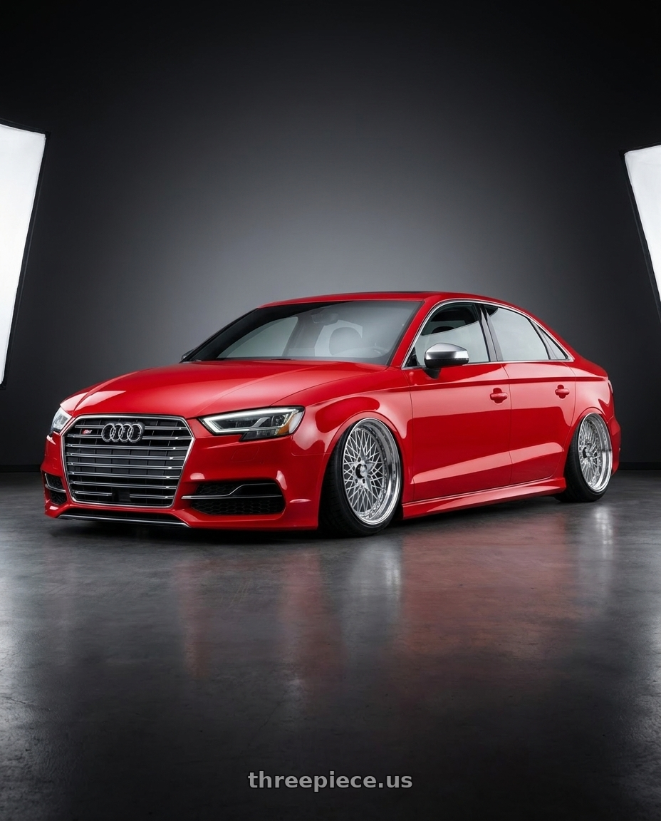 2017 Audi S3 with SSR Formula MESH 5x112 19X10.5+30 NR Disk Fm Silver wheels front three quarter view stanced stance