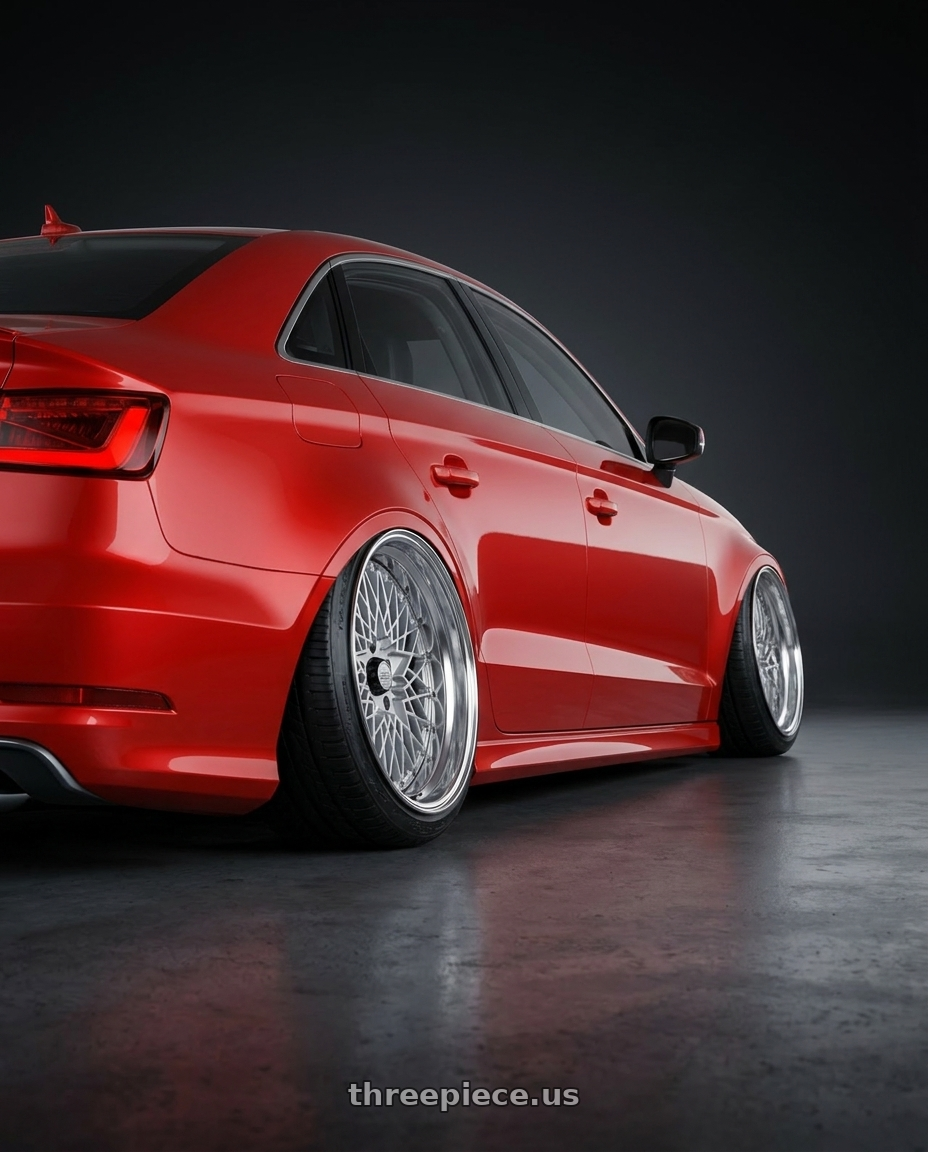 2017 Audi S3 with SSR Formula MESH 5x112 19X10.5+30 NR Disk Fm Silver wheels rear three quarter view extreme stretch tires
