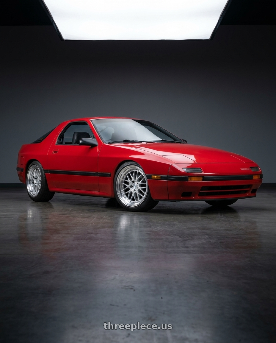 1987 Mazda Rx7 Base Red with Aodhan AH02 4x100 / 4x114.3 17x8+35 Silver w/ Machined Lip wheels