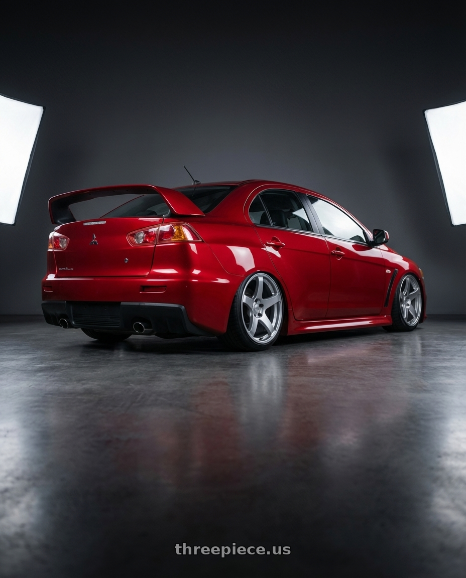 2012 Mitsubishi Lancer Evo X with Ssr Gtv01 5x114.3 18x10.5+15  GLARE SILVER wheels rear three quarter view slight stretch tires