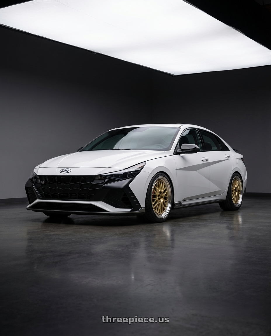 2024 Hyundai Elantra N with BBS LM 5x114.3 19x9 +38 Gold Center Diamond Cut Lip wheels front three quarter view lowered stance