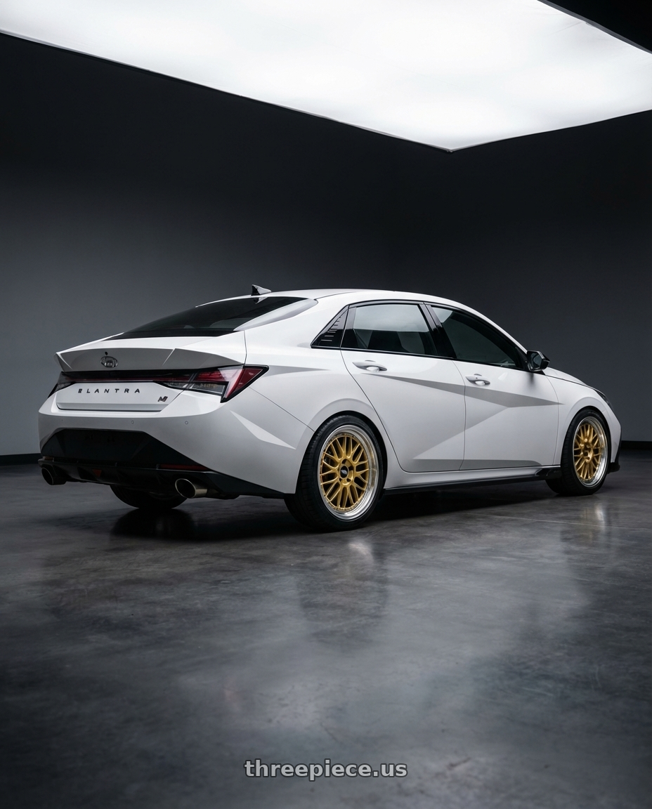 2024 Hyundai Elantra N with BBS LM 5x114.3 19x9 +38 Gold Center Diamond Cut Lip wheels rear three quarter view square tires
