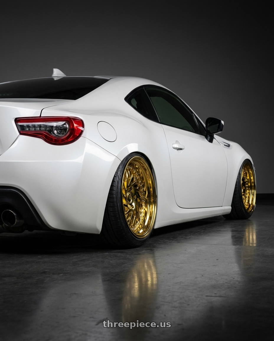 2016 Scion FR-S with Aodhan DS03 5x100 18x9.5 +35 Gold Vacuum w/ Chrome Rivets wheels rear three quarter view slight stretch tires