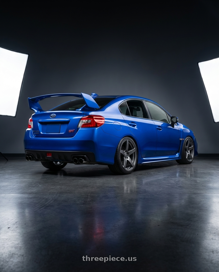 2018 Subaru WRX STI with Forgestar CF5 5x114.3 18x9 +35 Gloss Anthracite wheels rear three quarter view square tires