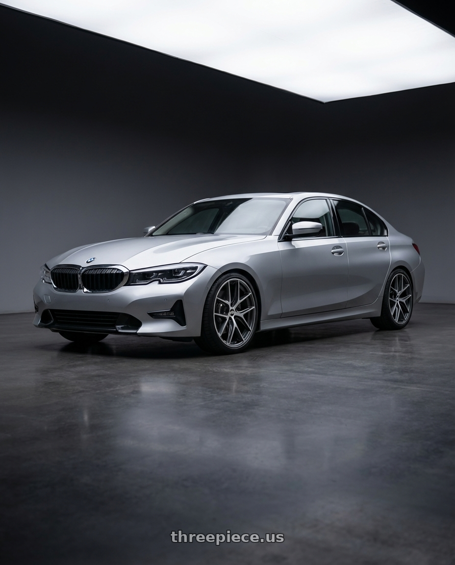 2023 BMW 3 Series G20 with BBS CC-R 5x112 19x9.0+42 Graphite w/ Diamond Cut Face wheels front three quarter view lowered stance