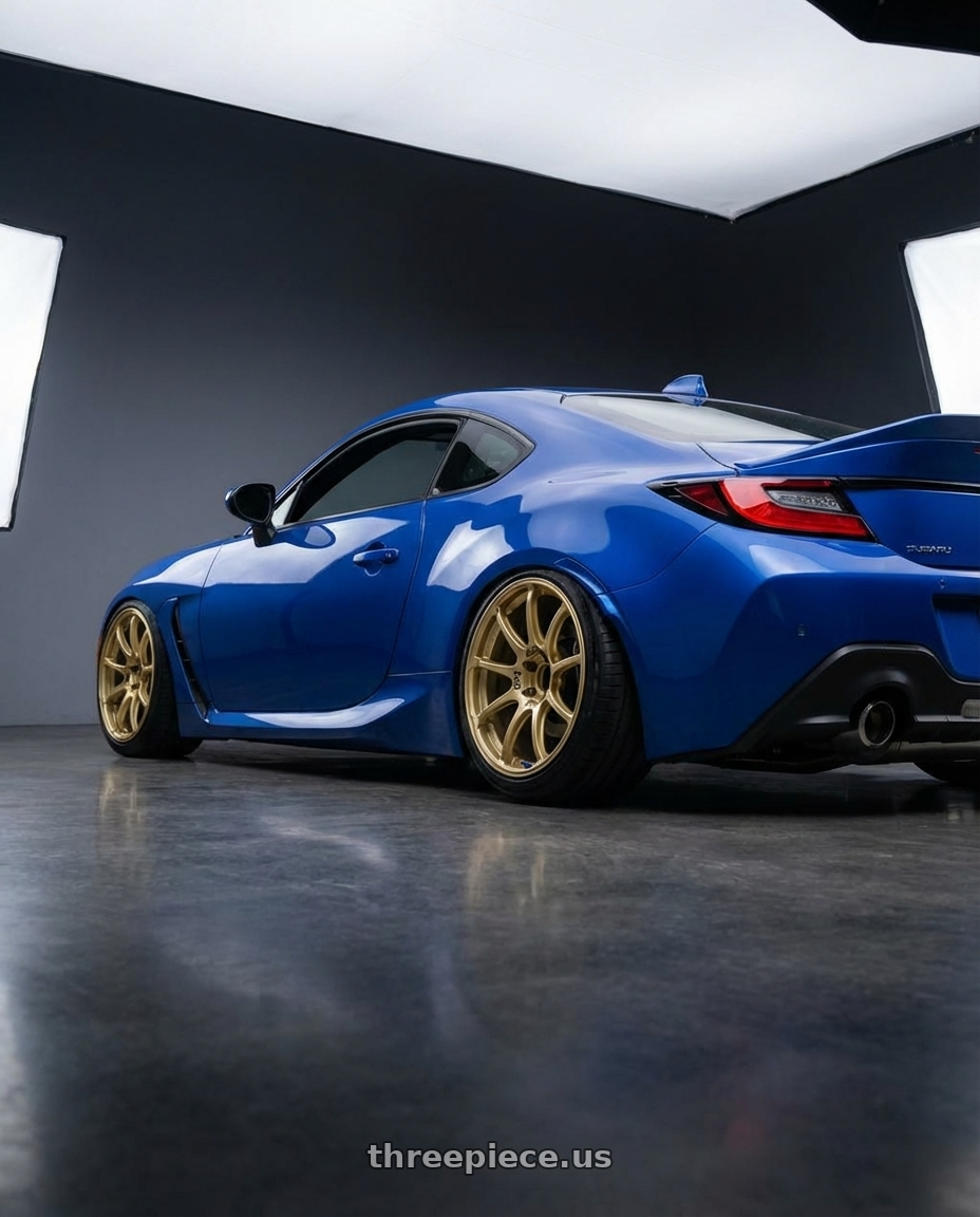 2024 Subaru BRZ with Advan RCIII 5x114.3 18x8.5+38 Gold wheels rear three quarter view slight stretch tires