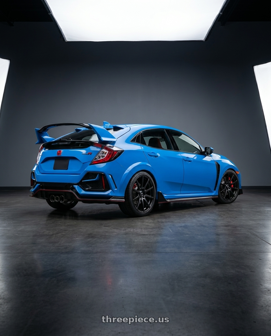 2021 Honda Civic Type R with Focal 453BK F-53 5X100/5x114.3 17x8 +42 Black wheels rear three quarter view square tires
