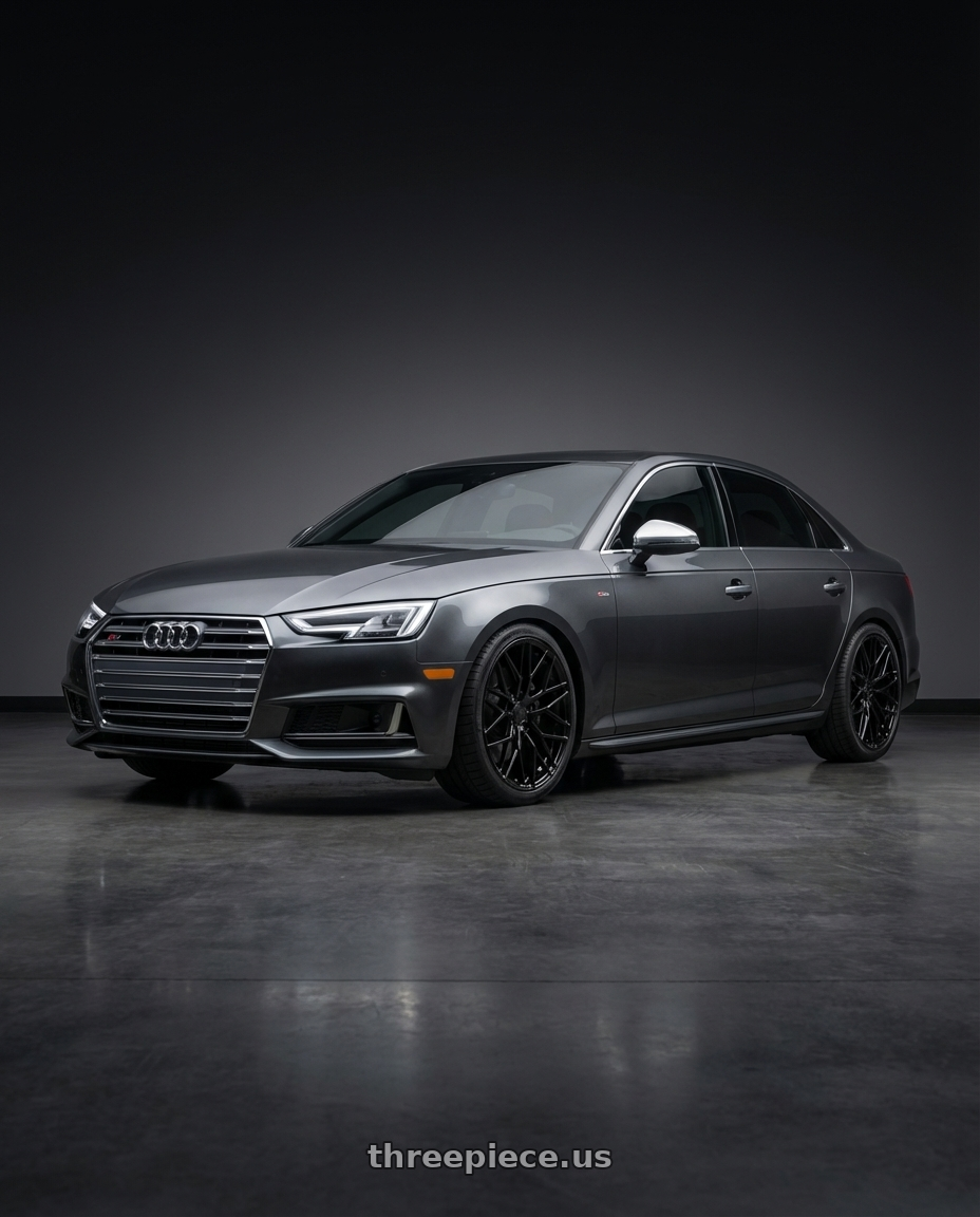 2023 Audi S4 B9 with Avant Garde Wheels M520R 5X112 19x9.5 +40 Gloss Black wheels front three quarter view lowered stance