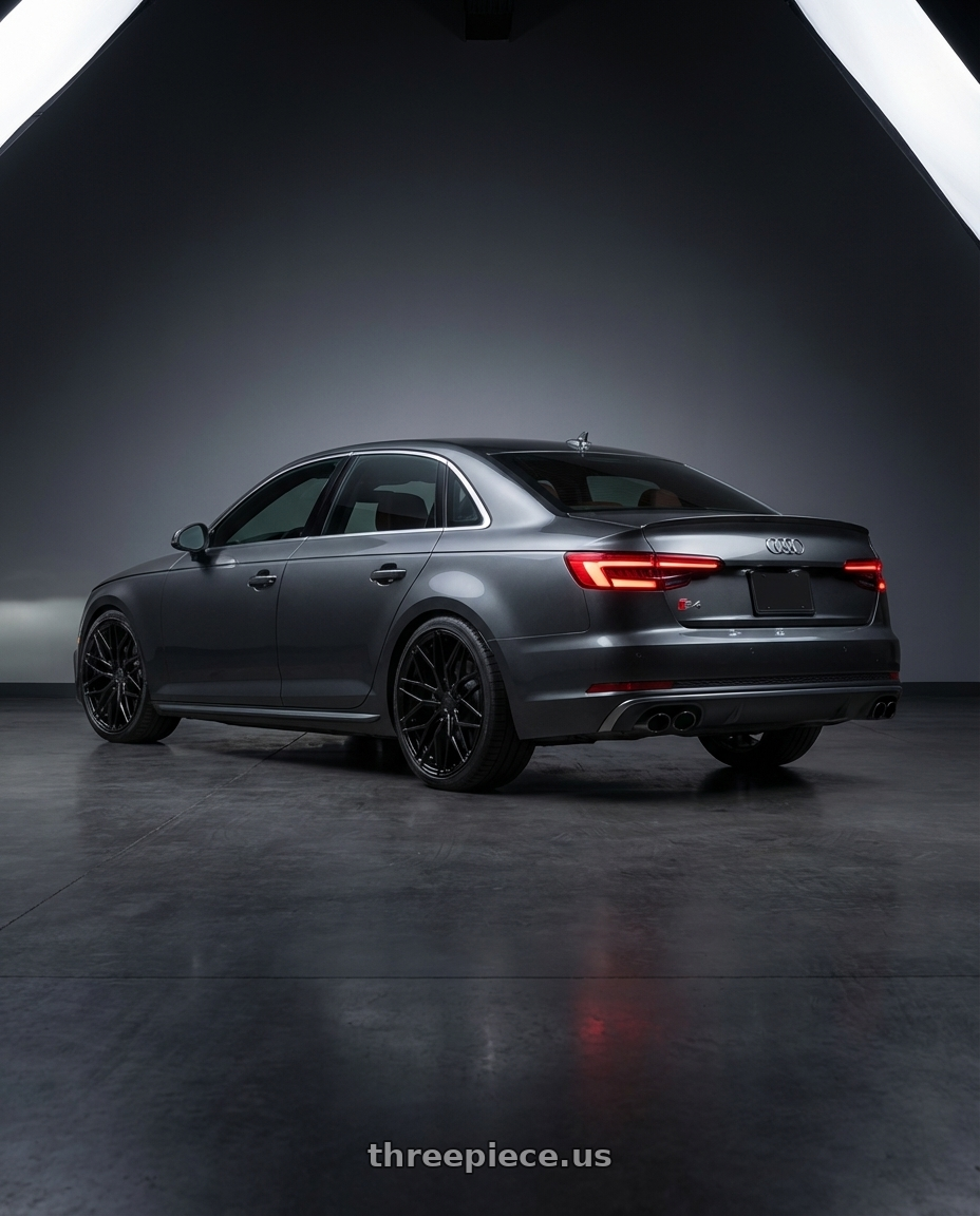 2023 Audi S4 B9 with Avant Garde Wheels M520R 5X112 19x9.5 +40 Gloss Black wheels rear three quarter view square tires