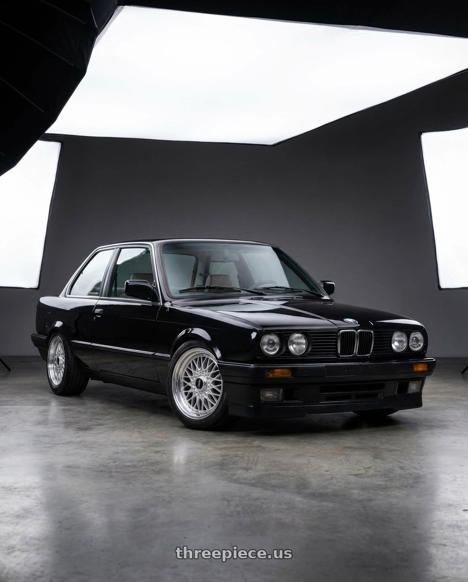 1991 bmw 325i coupe base, black with Work Seeker Fx 4x100 16x6.5+0 O Disk Matte Silver Polish wheels