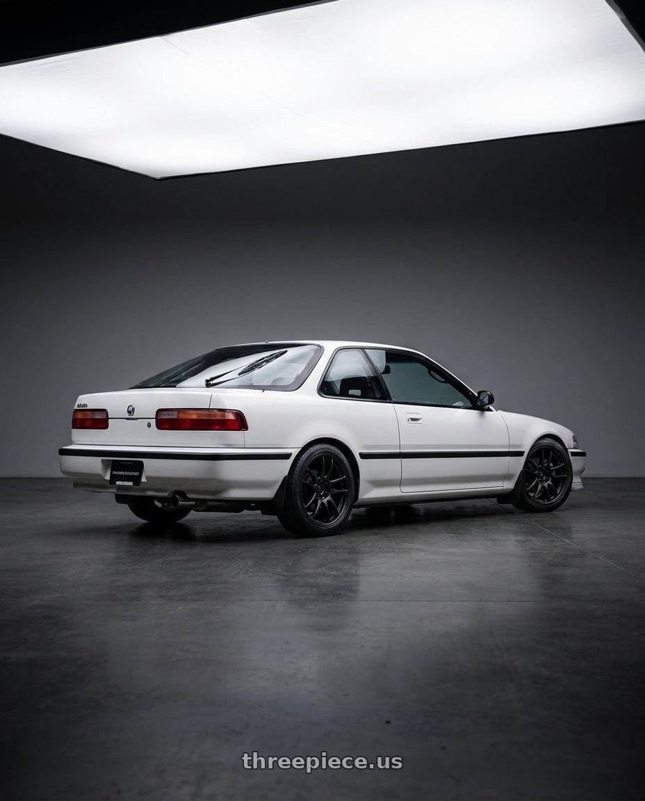 1991 Acura integra white with Work Emotion Cr Kiwami 4x100 16x6.5 +42 Matte Black wheels rear three quarter view square tires