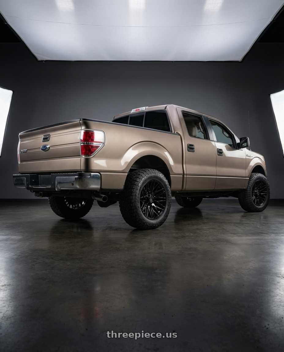 2013 Ford F-150 with Gear Off Road 770B 6X135/6x139.7 20x9 +18 Gloss Black wheels rear three quarter view meaty tires