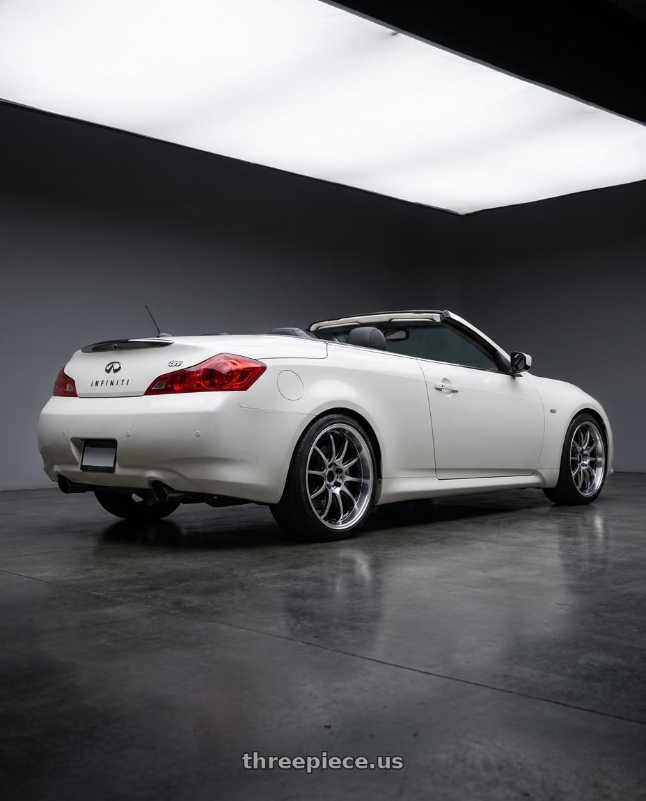 2009 G37 Convertible with Work Emotion D9r 5x114.3 19x8.5 +45 Gt Silver Rim Cut wheels rear three quarter view square tires