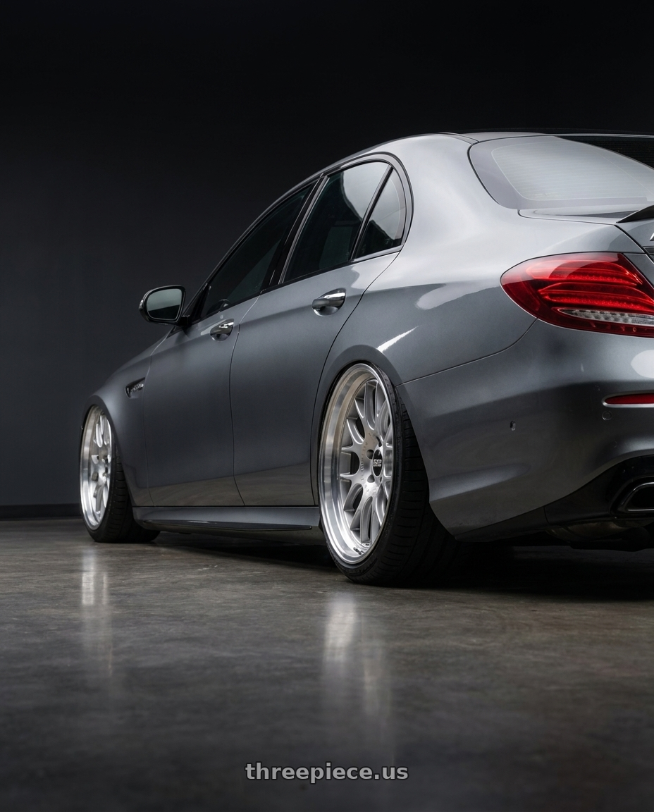 2019 Mercedes-AMG E63 S with BBS CH-R 5x120 19x8.5 +32 Brilliant Silver Polished Rim Protector wheels rear three quarter view square tires