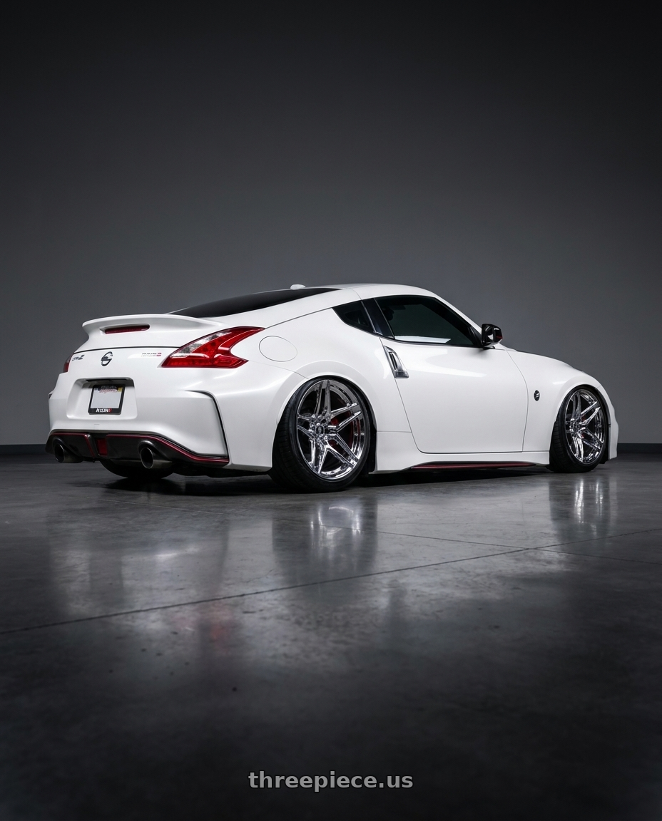 2016 370z nismo with Heritage Wheel EBISU MonoC 5x114.3 18x8.5+35 Chrome wheels rear three quarter view slight stretch tires