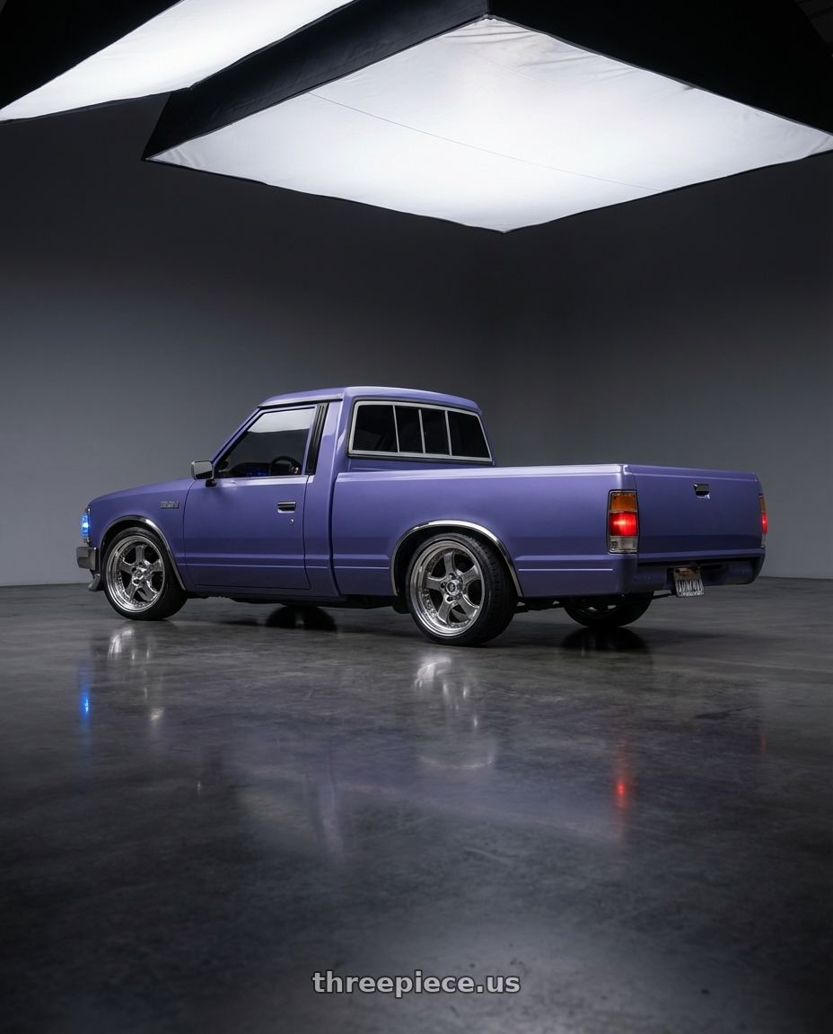 1985 nissan 720 with Work Wheels VS-KF 5X114.3 19x8-18 Brilliant Silver Black R Disk FULL REVERSE wheels rear three quarter view square tires