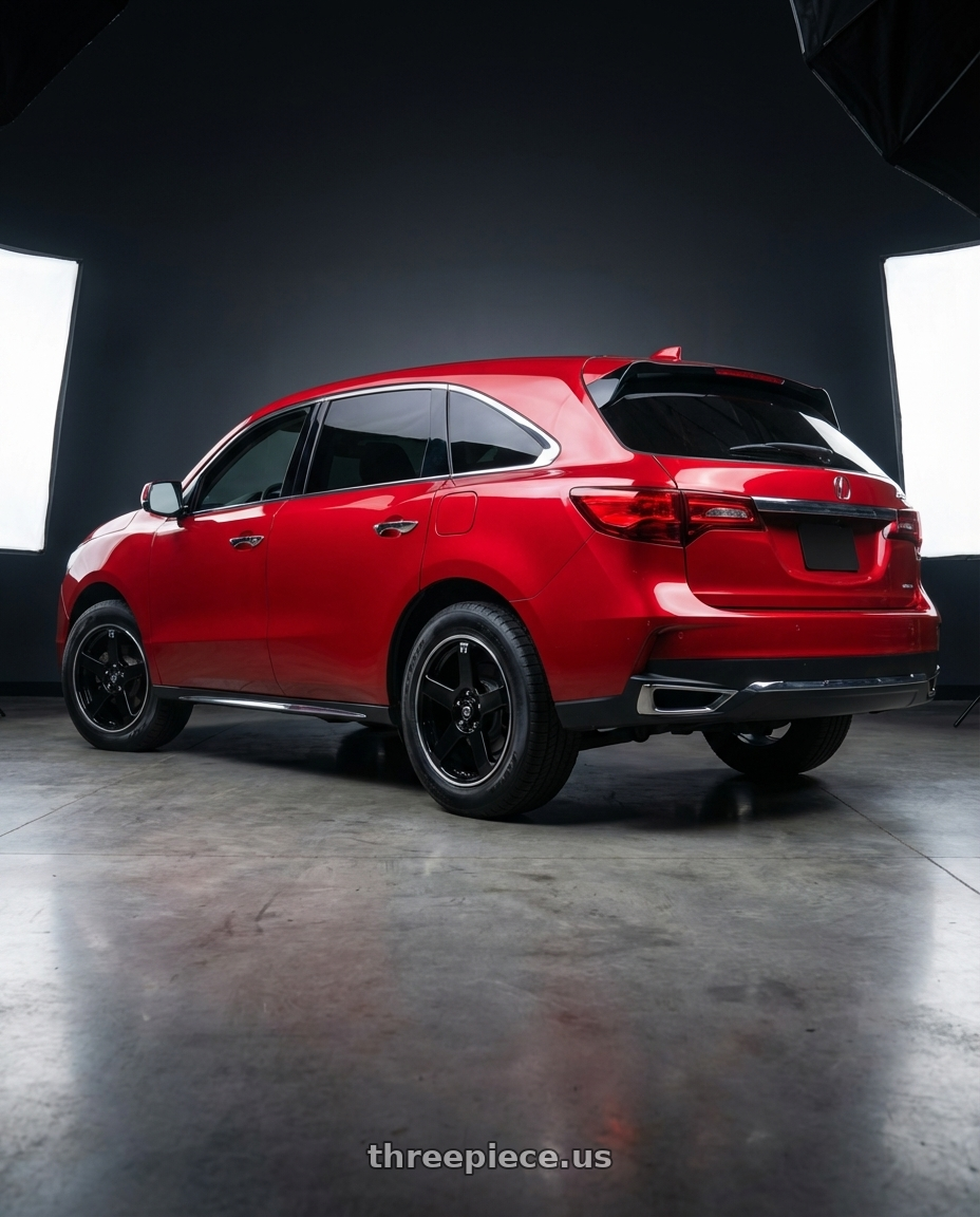 2018 Acura MDX with Motegi MR116 FS5 5X114.3/5X120 18X8 +45 GLOSS BLACK MACHINED FLANGE wheels rear three quarter view meaty tires