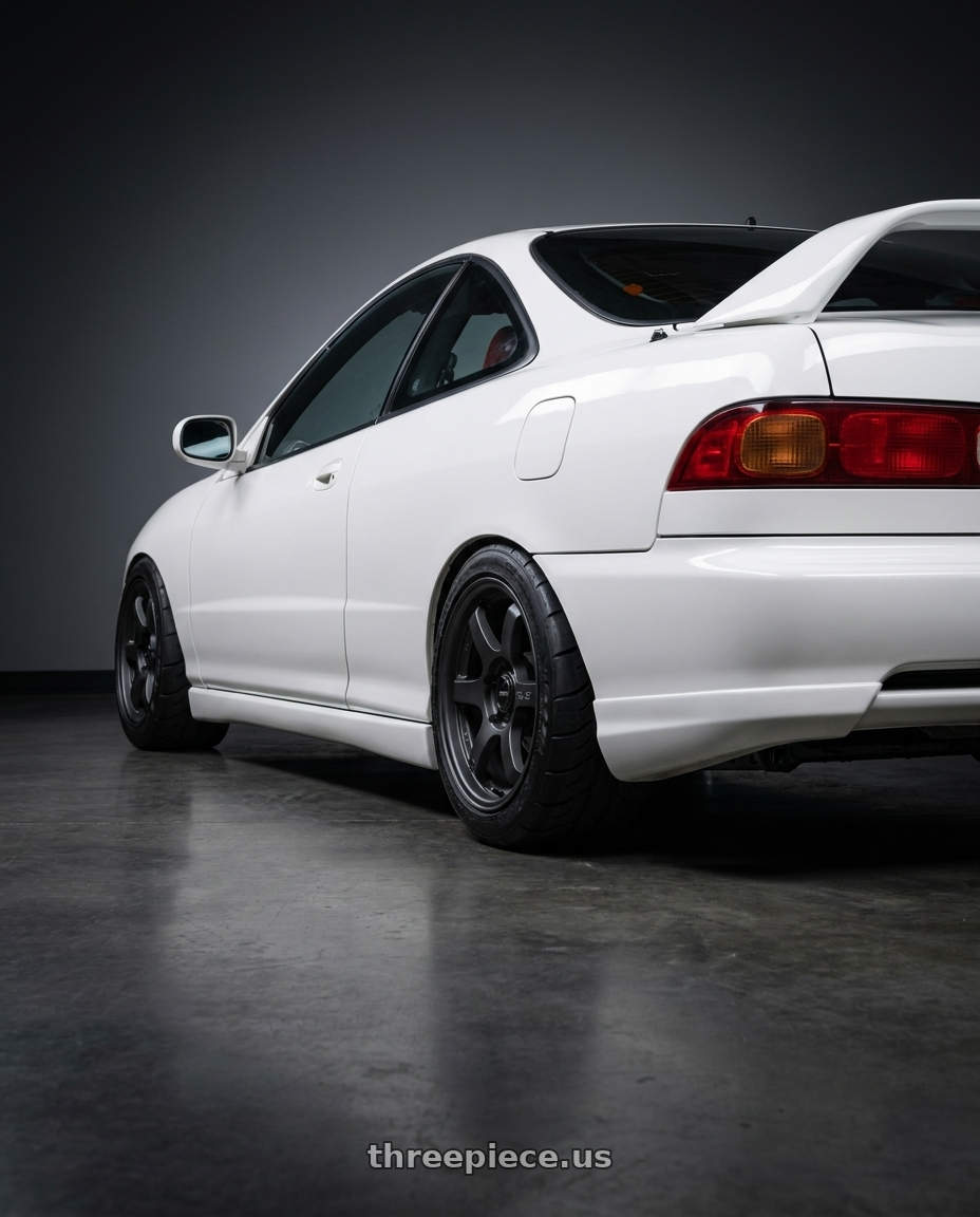 1999 acura integra with Gram Lights 57DR-X2 5x114.3 16x7+40 Black Graphite wheels rear three quarter view meaty tires