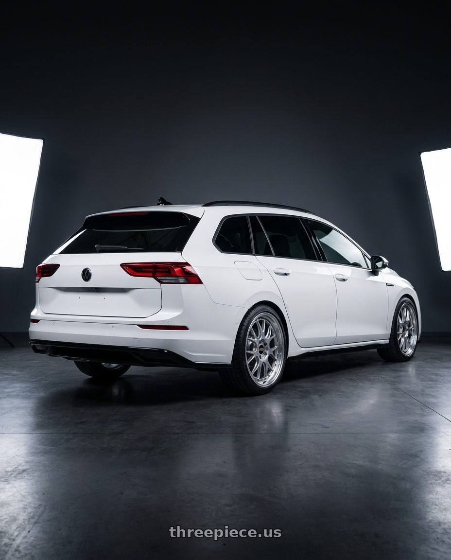 2025 golf 8.5 variant r line white  with BBS LM-R 5x114.3 19x8.5+43 Diamond Silver wheels rear three quarter view square tires