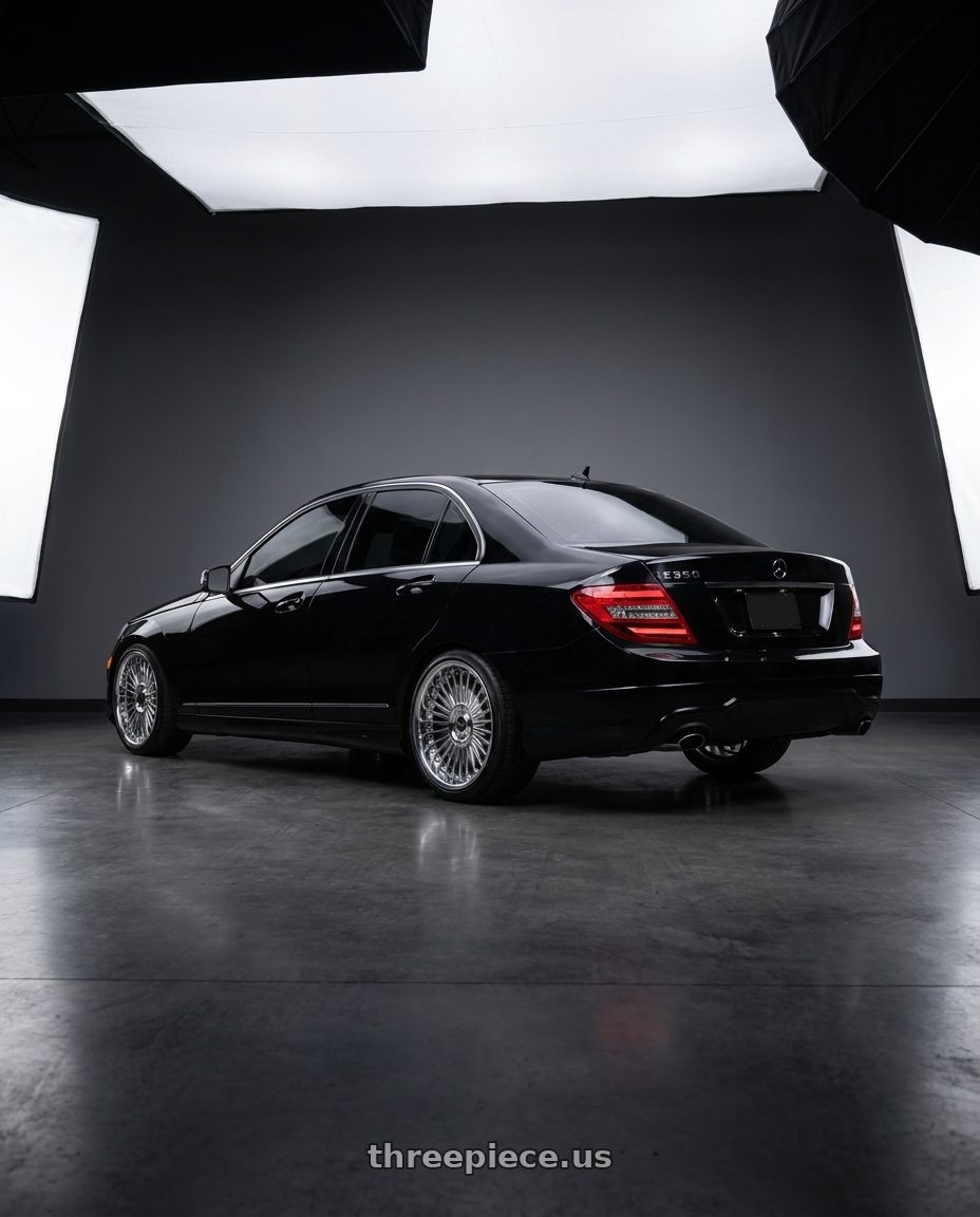 2009 Benz C350 with Work Emitz Chrome 5x112 19x8.5 +38 wheels rear three quarter view slight stretch tires