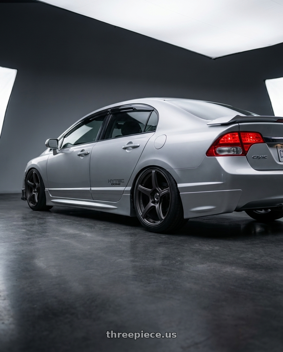 2009 Honda civic si with Work Emotion T5r 5x114.3 17x8 +35 Matte Graphite wheels rear three quarter view slight stretch tires