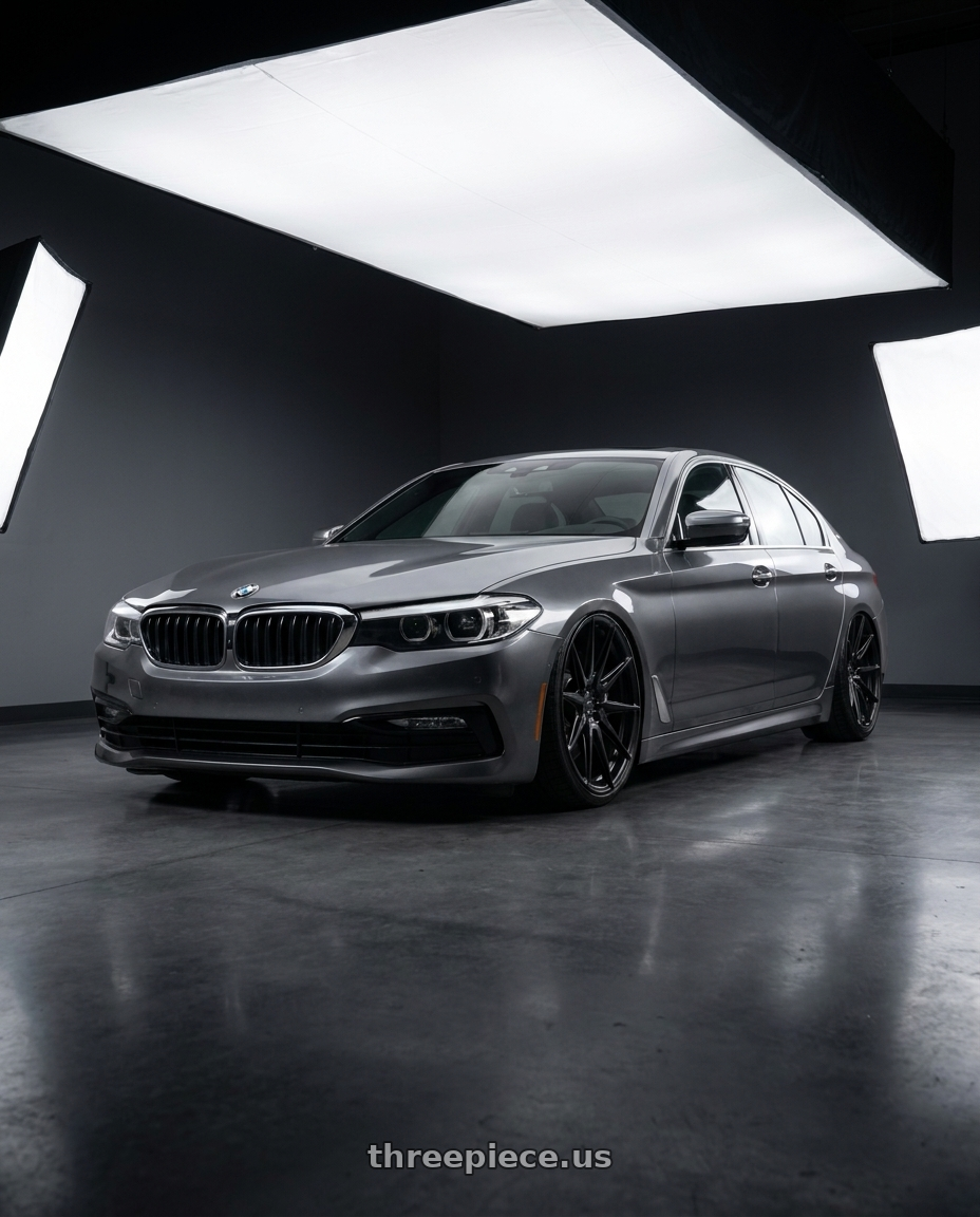 2020 BMW M5 with ADV.1 ADV5.0 5x112 20x11 +12 Satin Black wheels front three quarter view stanced stance
