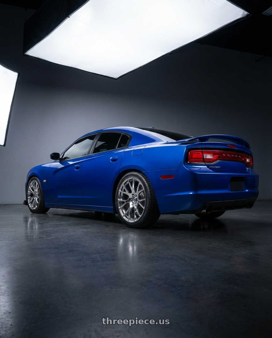 2013 dodge charger with OE Wheels DG15 5x115 20x9+18 Chrome wheels rear three quarter view square tires