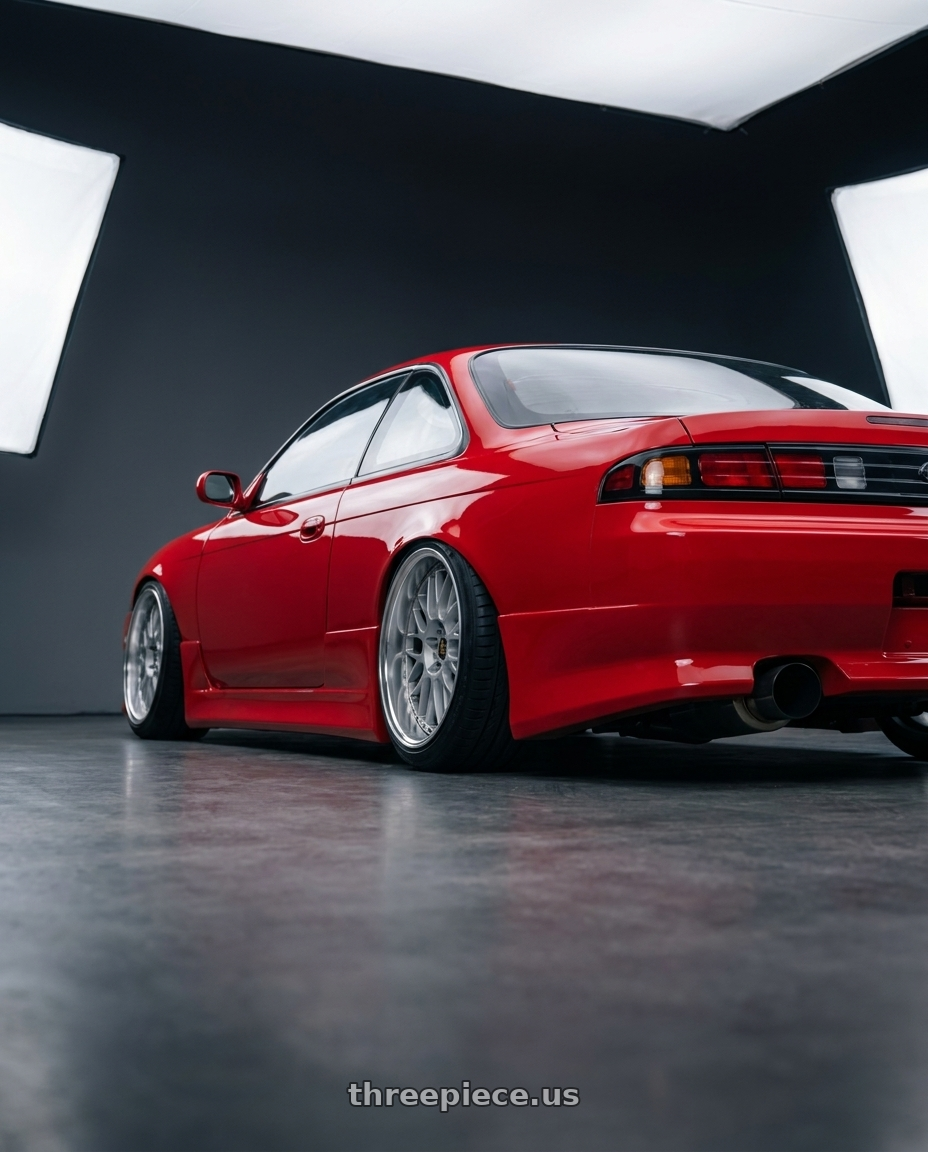 1991 Nissan S14 with Work Vs-Xx 5x100 18x9+47 R Disk Light Grey Silver wheels rear three quarter view slight stretch tires