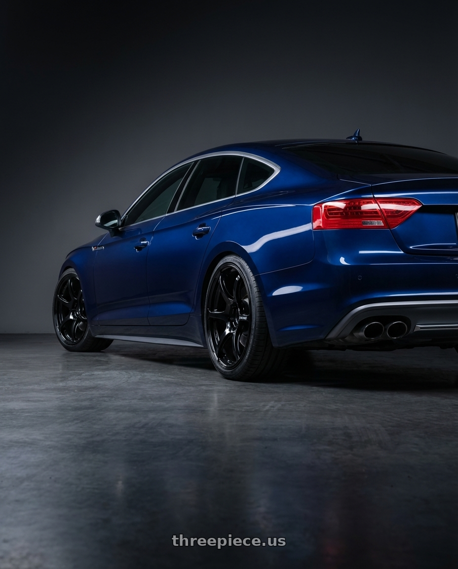 2014 Audi S5 B8 with Advan RGIII 5x112 19x8.5+45 Gloss Black wheels rear three quarter view square tires