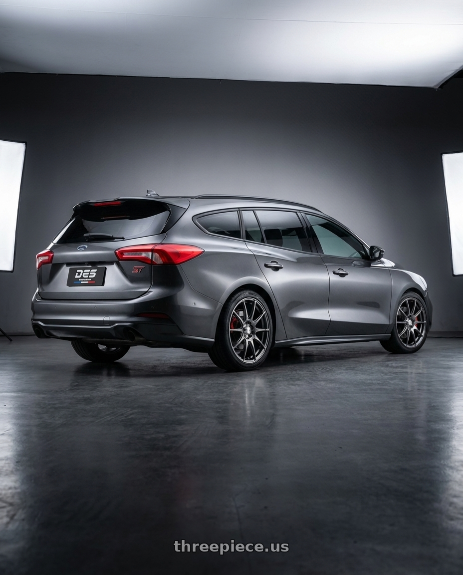 e.g. 2021 FORD FOCUS ST WAGON MK4 with WedsSport SA-99R 5x114.3 18x8.5+50 Face M / Platinum Silver Black wheels rear three quarter view square tires