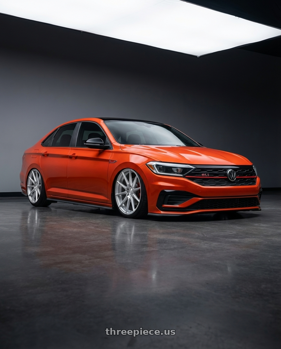 2023 Volkswagen Jetta GLI MK7 with Avant Garde Wheels M652 5X112 19x9.5 +48 Silver Machine wheels front three quarter view stanced stance