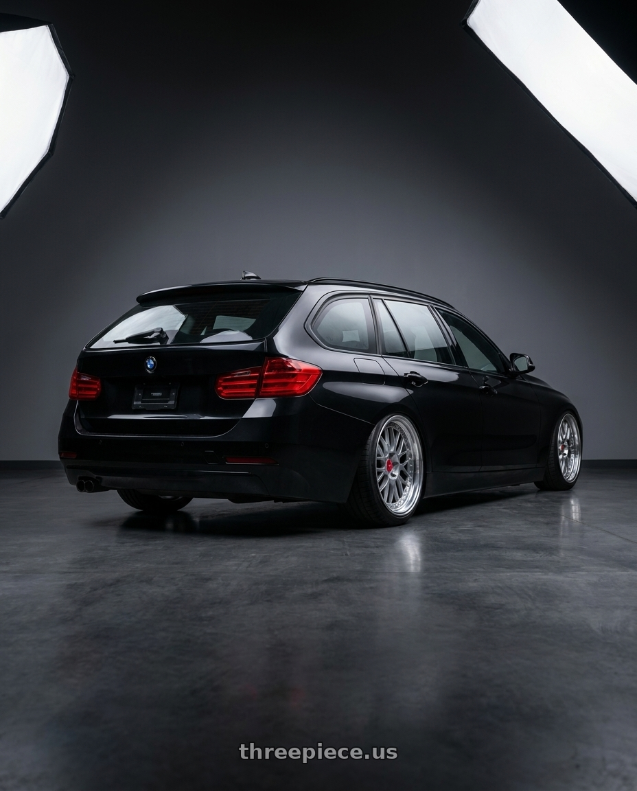 2014 BMW 328d with Work Zistance W10m 5x120 19x9+31 r disk Crystal Silver wheels rear three quarter view square tires