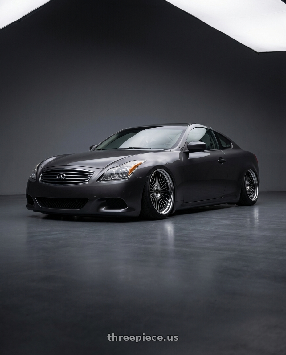 2011 Infiniti g37 with Work Emitz Black Polish 5x114.3 19x12.0 +0 wheels front three quarter view slammed stance
