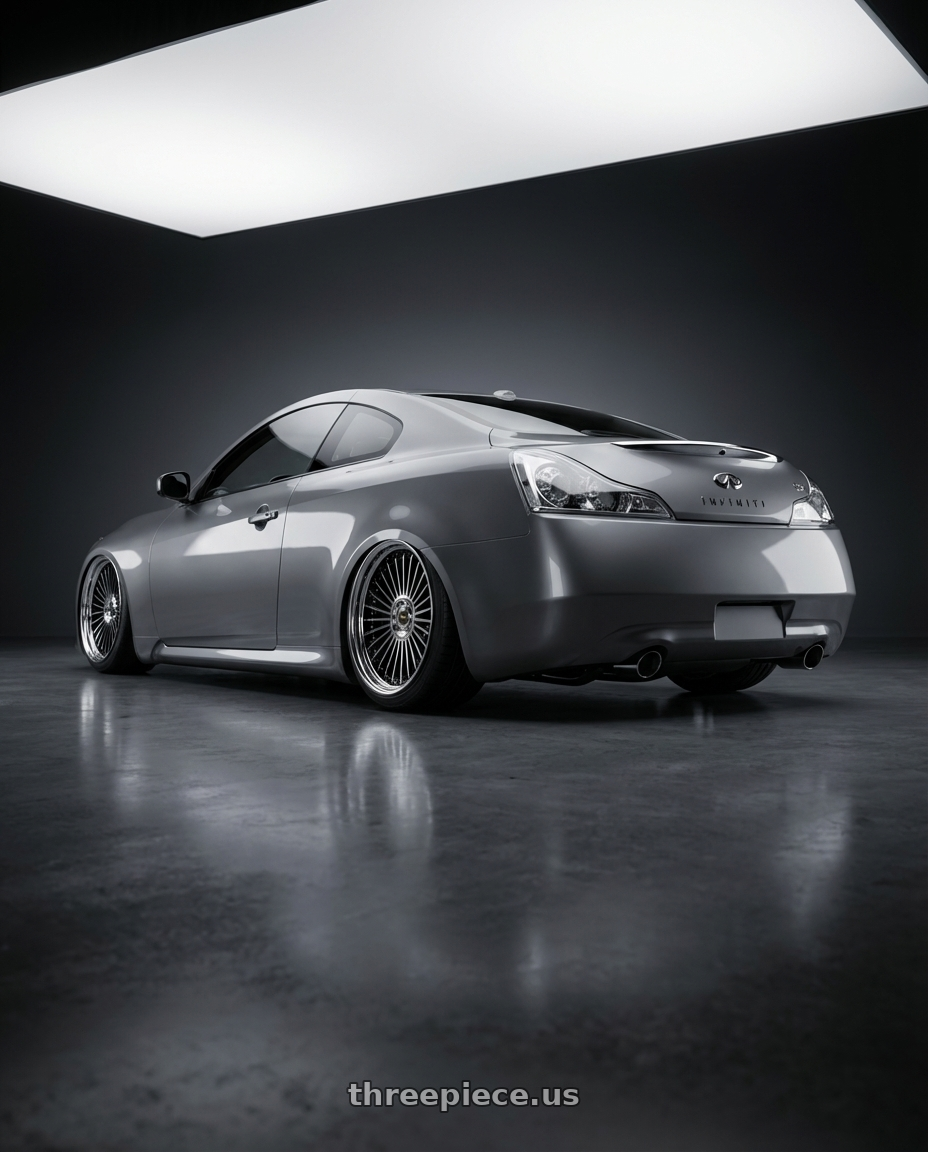 2011 Infiniti g37 with Work Emitz Black Polish 5x114.3 19x12.0 +0 wheels rear three quarter view slight stretch tires